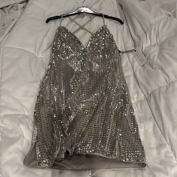 NWT! Silver Sequined Aliannia Mini Cocktail Dress by Saylor, Size S, price $220 - Picture 3 of 15
